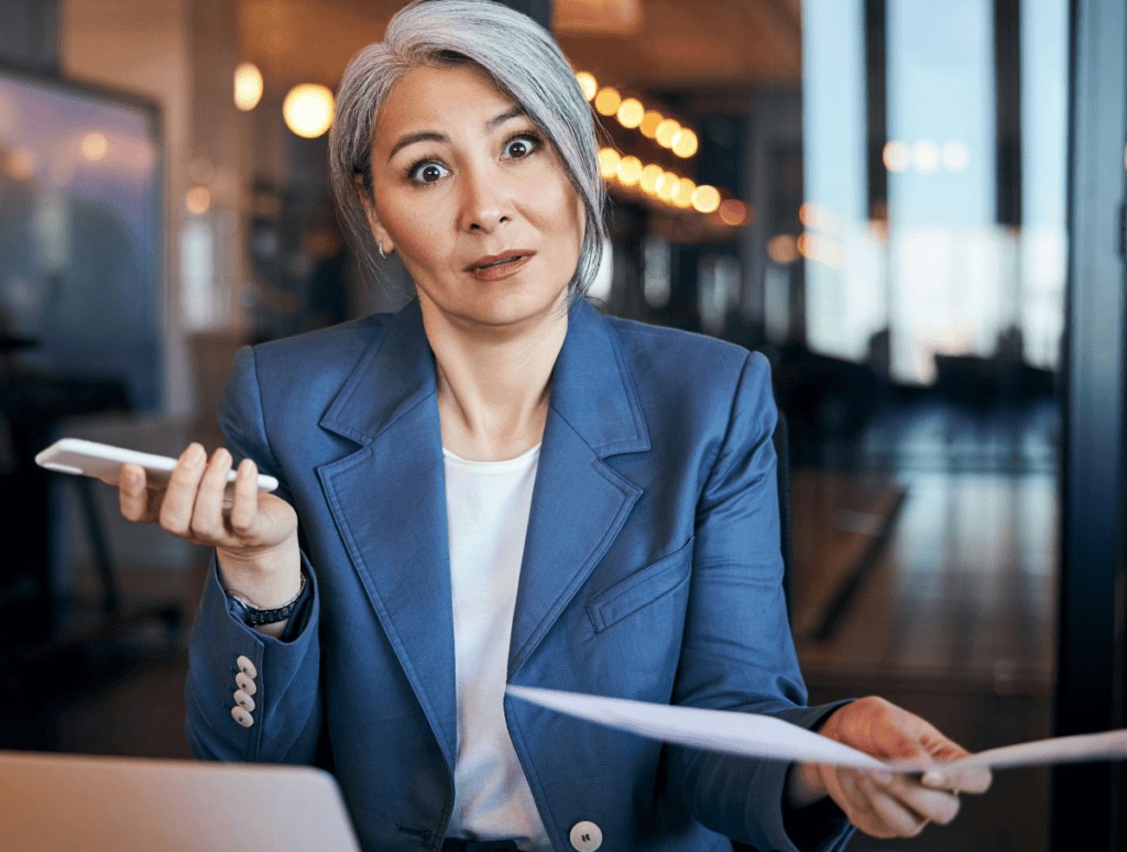 Confused woman at a desk in a public office being redirected between Romanian bureaucracy offices