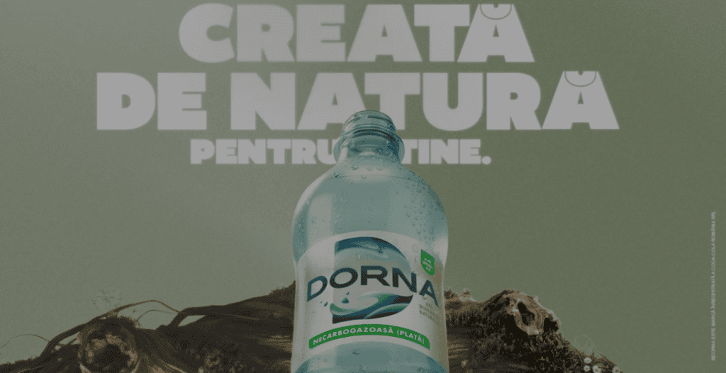 Dorna mineral water bottle banner from Romania showing natural still and sparkling Carpathian water