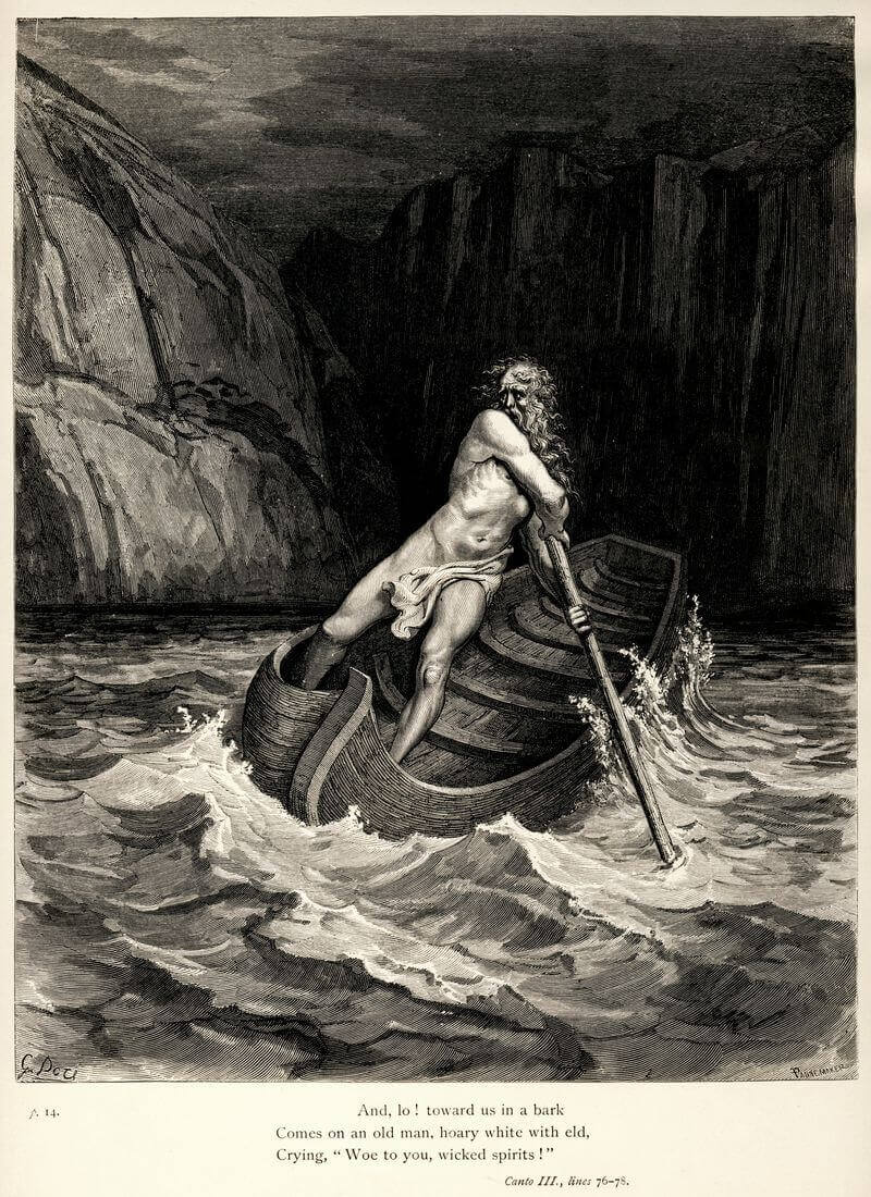 Gustave Doré illusztrációja Dante Poklához. Harmadik ének: Cháron érkezése, wikimedia.org 