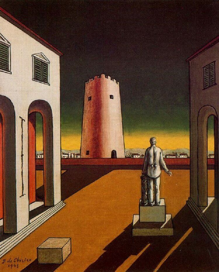 Giorgio De Chirico: Olasz piazza vörös toronnyal 