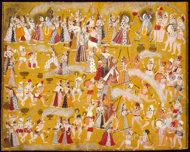 Krisna és Radha társaikkal a Holi ünnepen, wikimedia. org