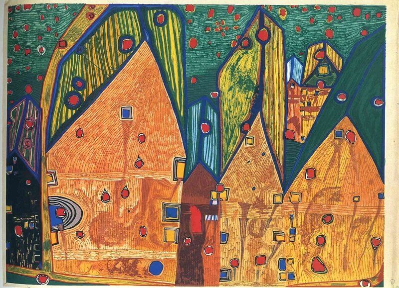 Friedensreich Hundertwasser: Házak vérzivatarban, wikiart.org 