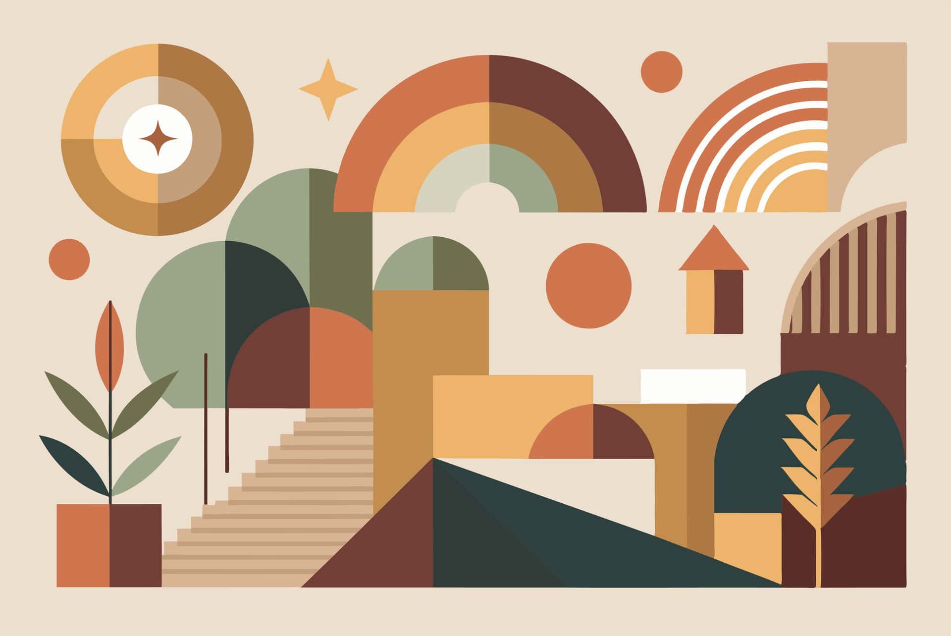 vecteezy geometric city illustration with rainbow stairs trees and 48399756