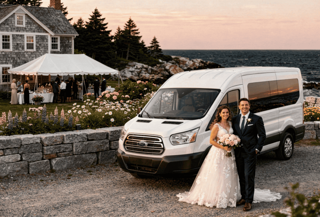 Ford Transit wedding shuttle van in Maine