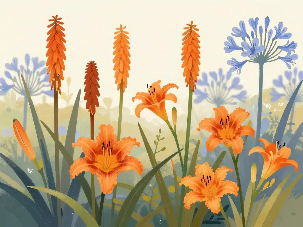 agapanthe orange kniphofia daylilies vivaces jardin