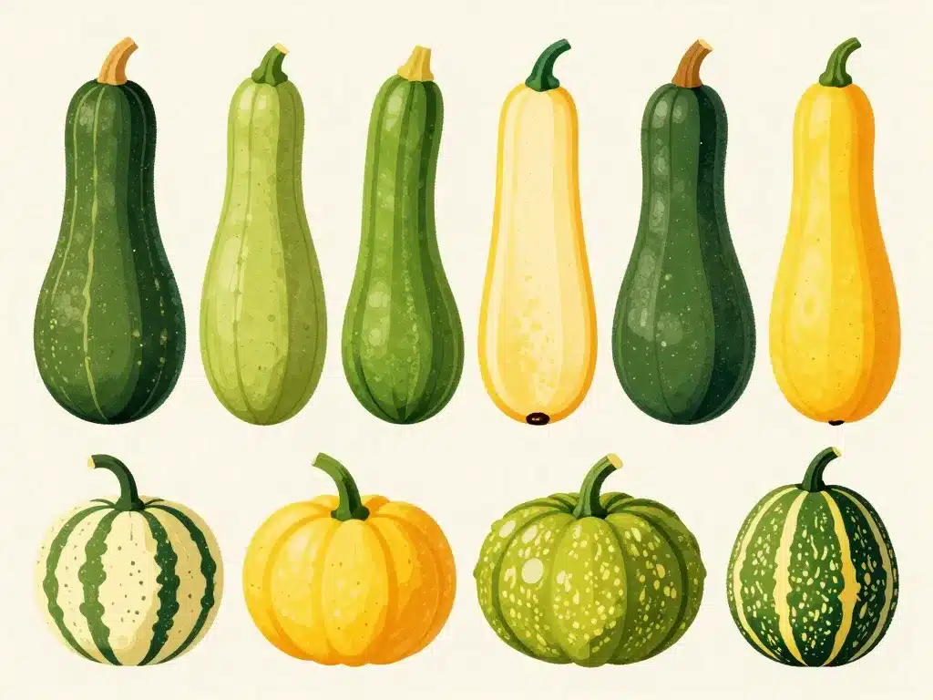 Différents types de courge verte et jaune