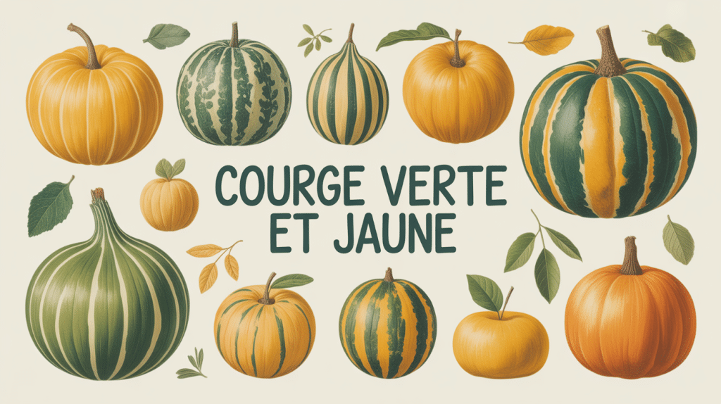Illustration courge verte et jaune étal automnal