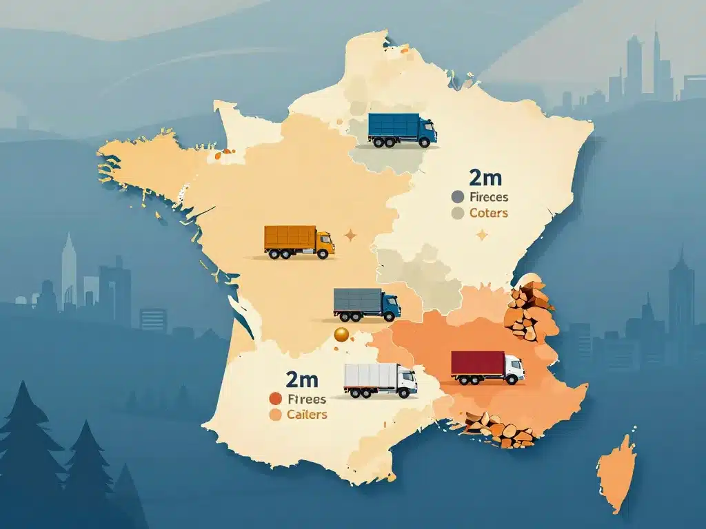 visuel différences de prix d'un semi remorque de bois de chauffage en 2m selon les régions