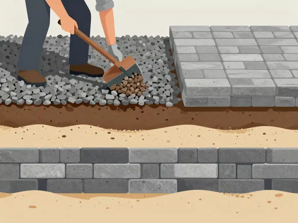 illustration fondation et préparation montrant quelle epaisseur de sable pour poser des pavés