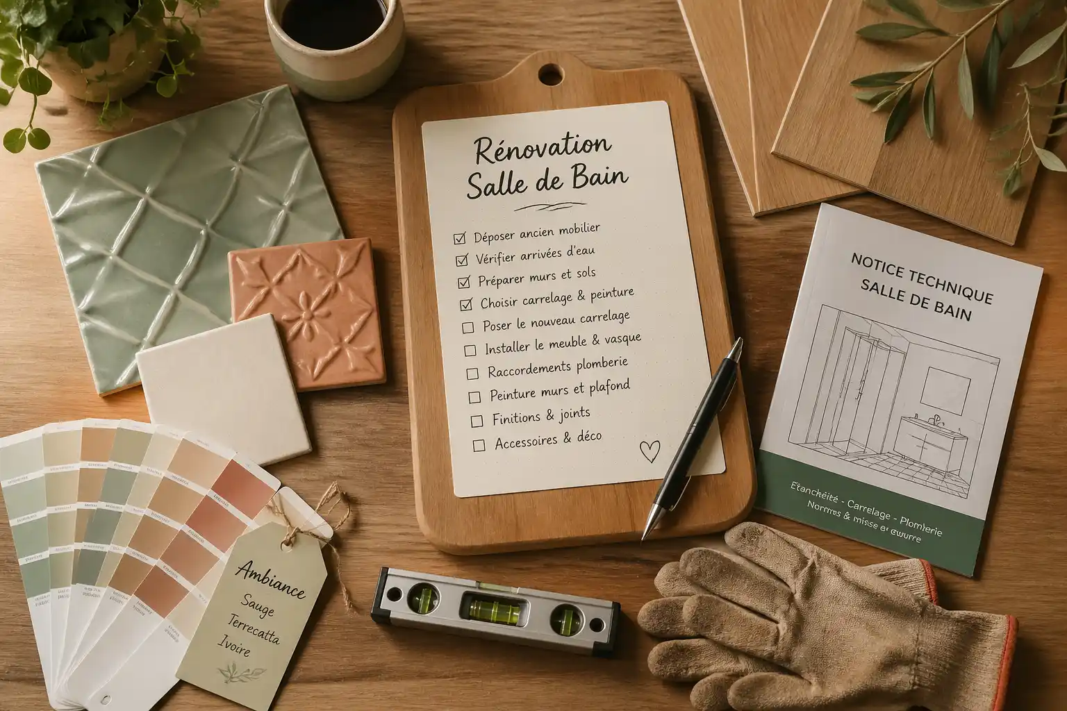 renover une salle de bain avec échantillons et outils