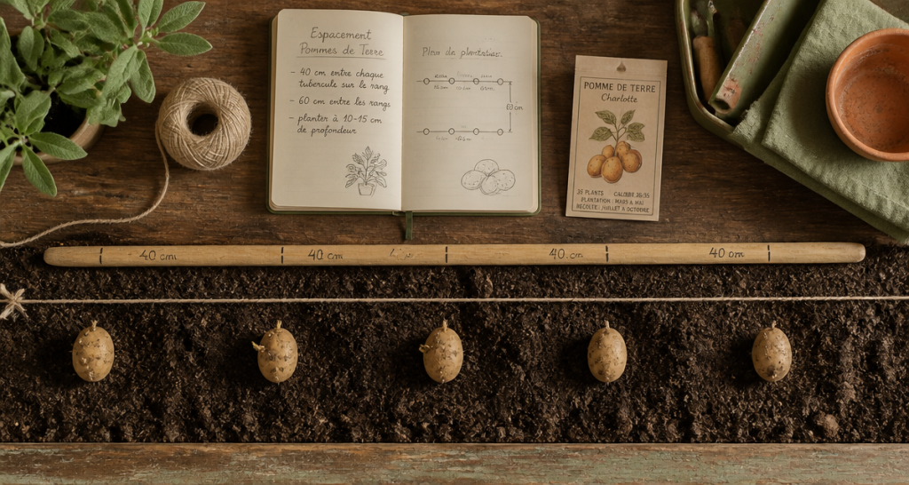 distance plantation pomme de terre sur terre sombre avec outils