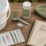 Dosage chlore choc piscine par m3 sur table avec seau, granulés et test