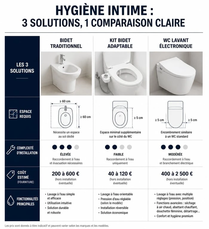 Tableau comparatif des solutions bidet toilet bidet : traditionnel, kit adaptable et WC lavant