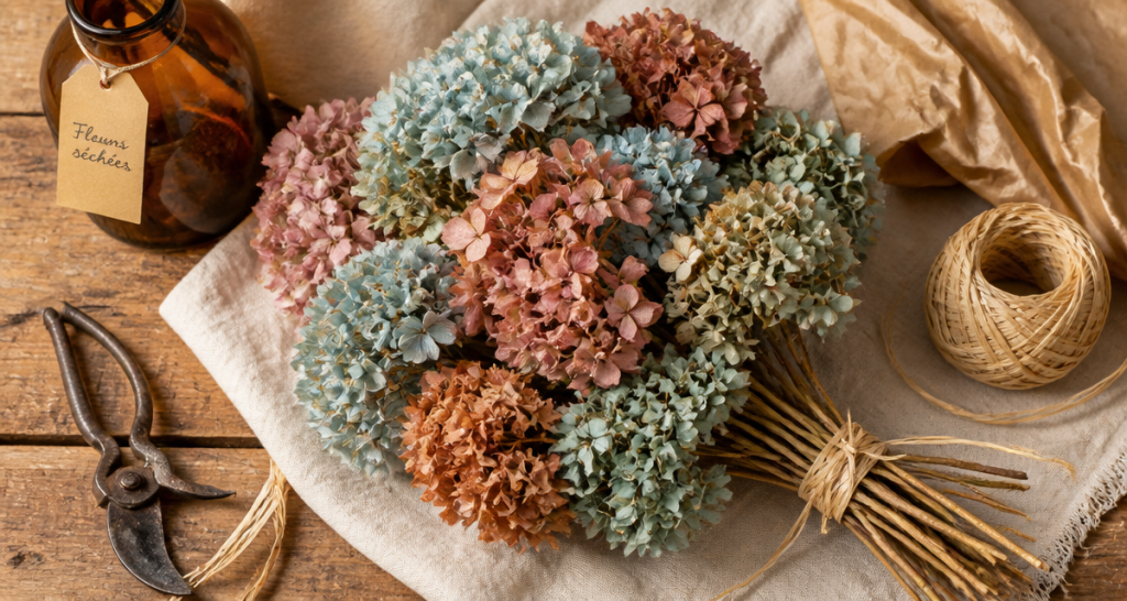 hortensia comment les faire secher bouquet séché flat lay