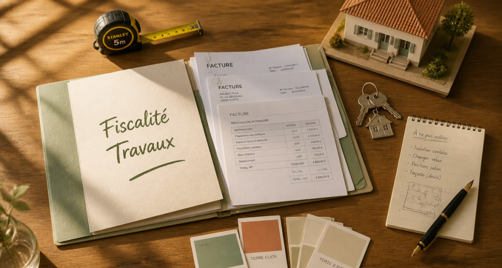 Travaux déductibles impôts résidence principale 2024, dossier fiscal et outils sur table