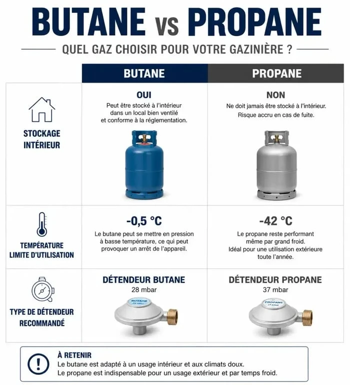 Comparatif butane vs propane pour gazinière : différences de stockage et sécurité