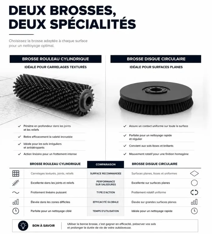 Comparatif des technologies de brosses pour la meilleure autolaveuse particulier : rouleau vs disque
