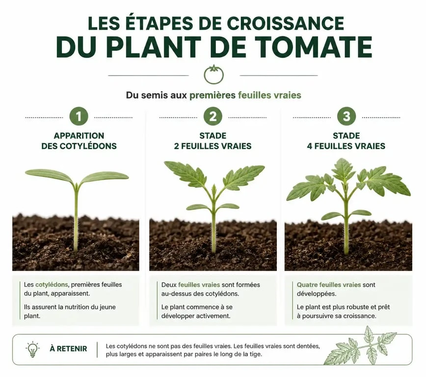Infographie des stades de développement pour le repiquage des tomates : cotylédons et feuilles vraies