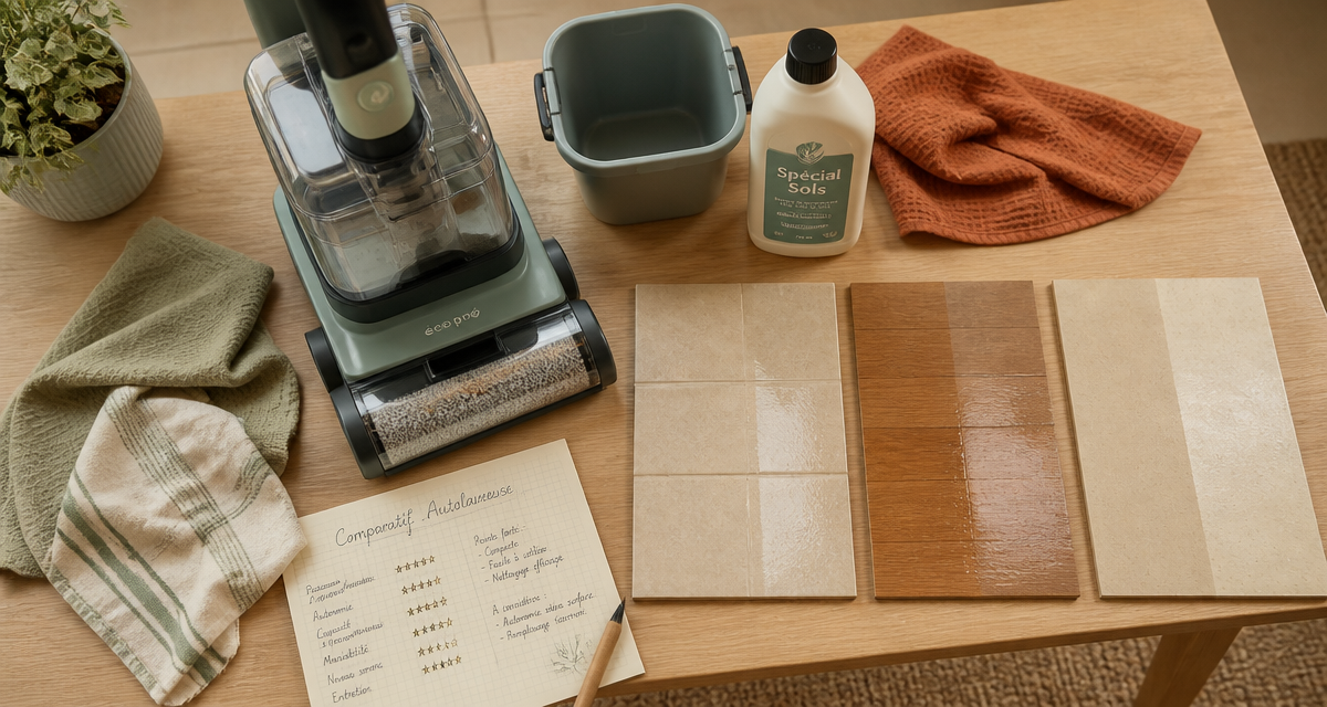 meilleure autolaveuse particulier sur table avec accessoires et échantillons de sols