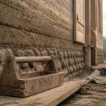 Mur en pisé en chantier : bancoir en bois et couches compactées
