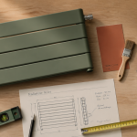 radiateur en acier pour chauffage central vert sauge sur plan de travail