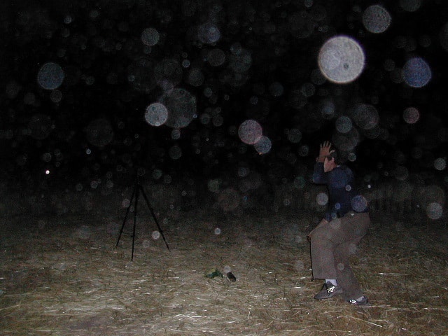 From Hans in Chile: Strange apearance here in the Chilean mountains. Dozens of small balls of light have apeared and have been revealed by use of flashlight. They range in size from golf balls to basketballs. The spheres are not visible with the naked eye as long the dog follows them as if he could see them, snapping them in the air or on the ground without visible effect. The spheres appear inside and outside the house for two days - July 29-30, 2002), we continue to take photographs.