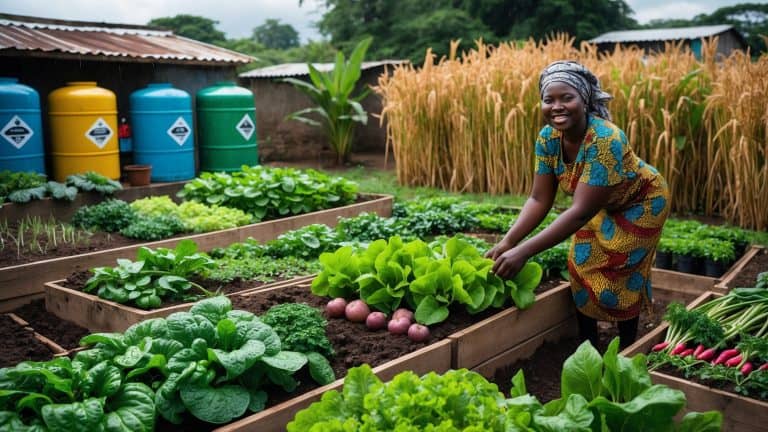 A woman is tending to vegetables in her garden
