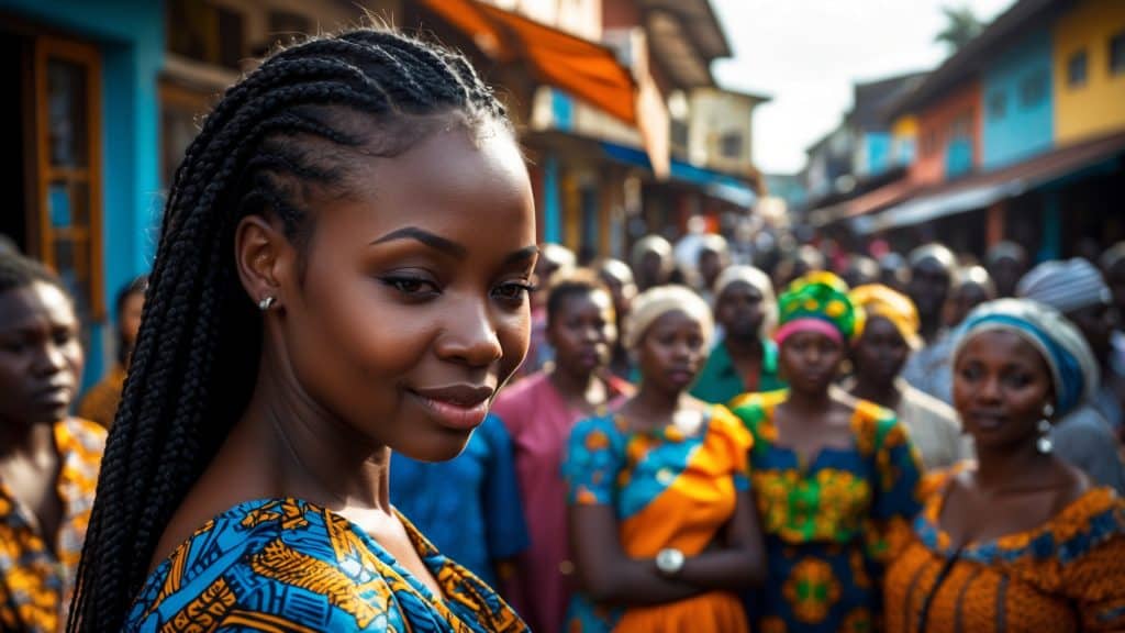 A beautiful young woman in an african dress stands in front of a crowd