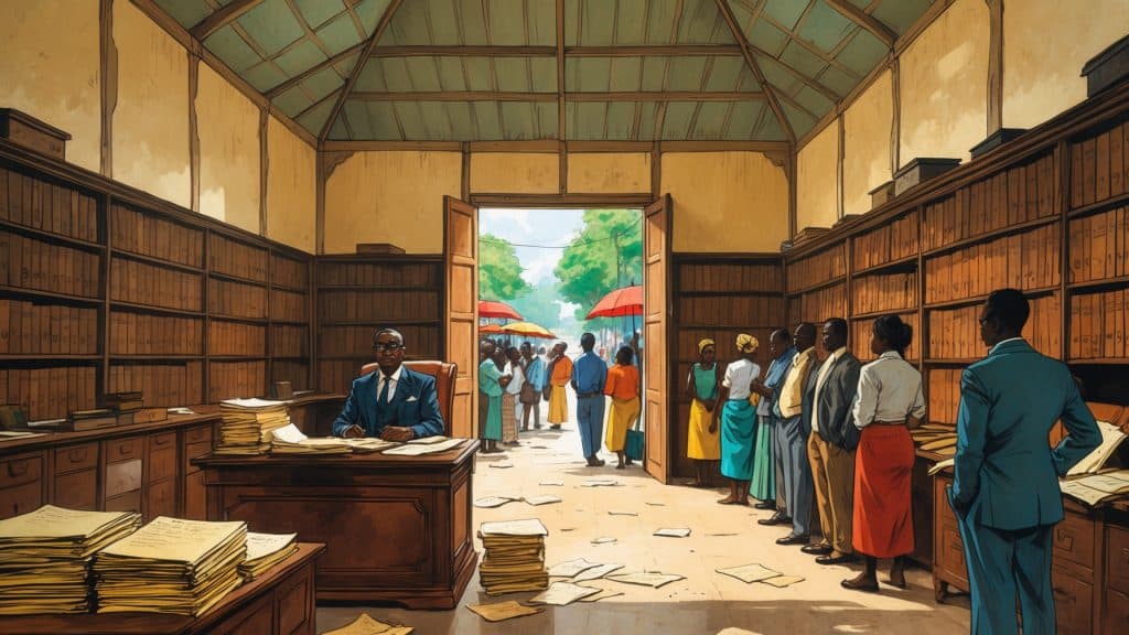 A painting of people in a library