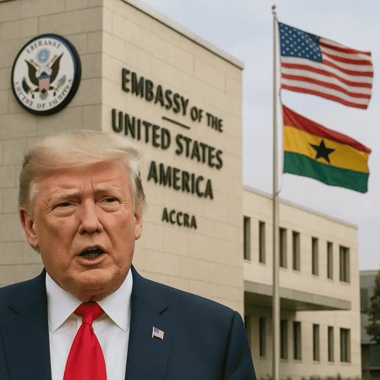 An AI image of Donald Trump in a suit and tie standing in front of the US Embassy in Accra.