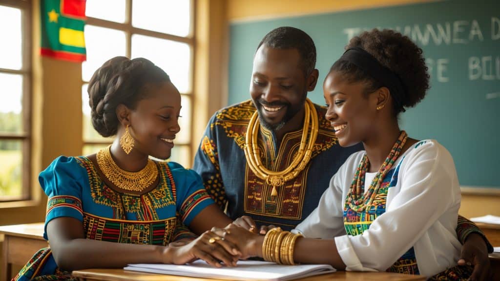 A man and two women in african clothing are looking at something.
