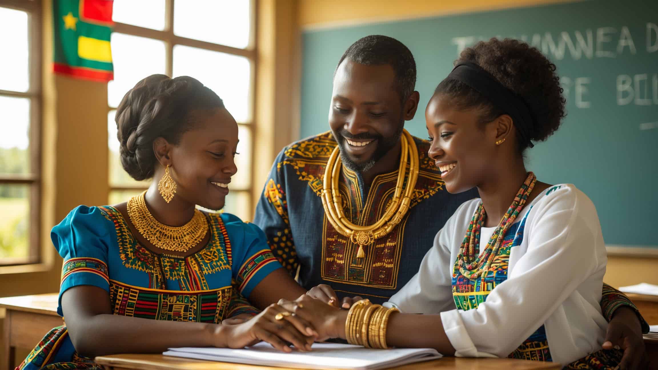 A man and two women in african clothing are looking at something.