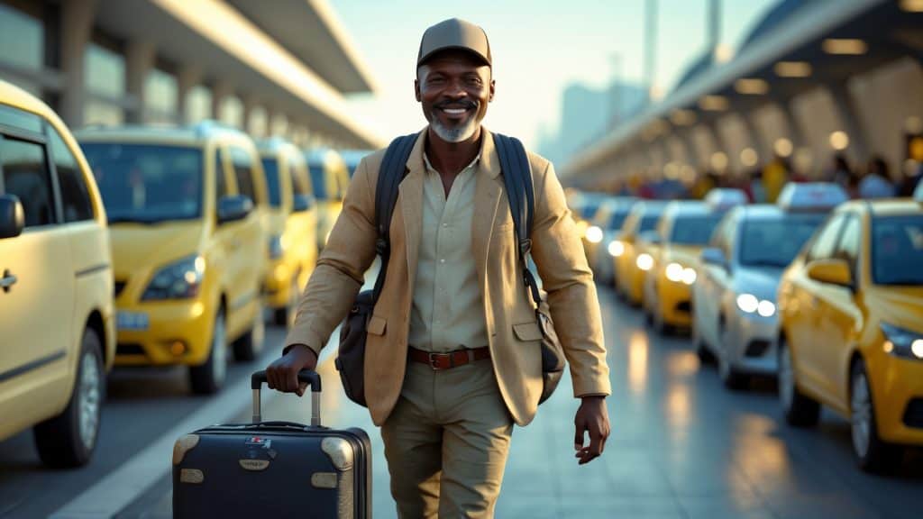 A man with a suitcase walks through a line of yellow taxis.