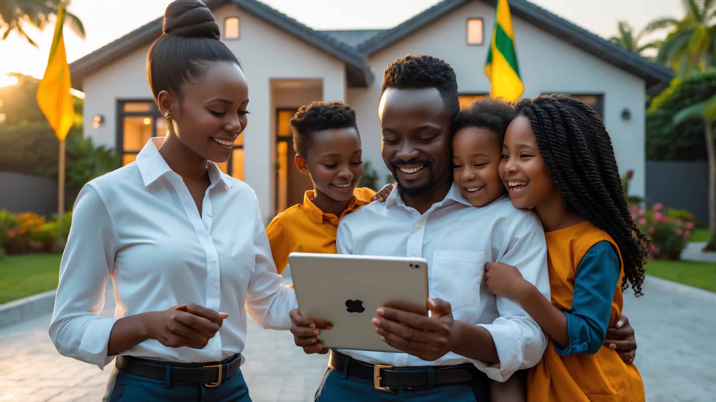 A family with a tablet in front of their home.