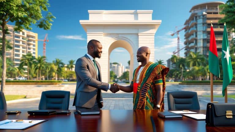 Two men shaking hands in front of a building.