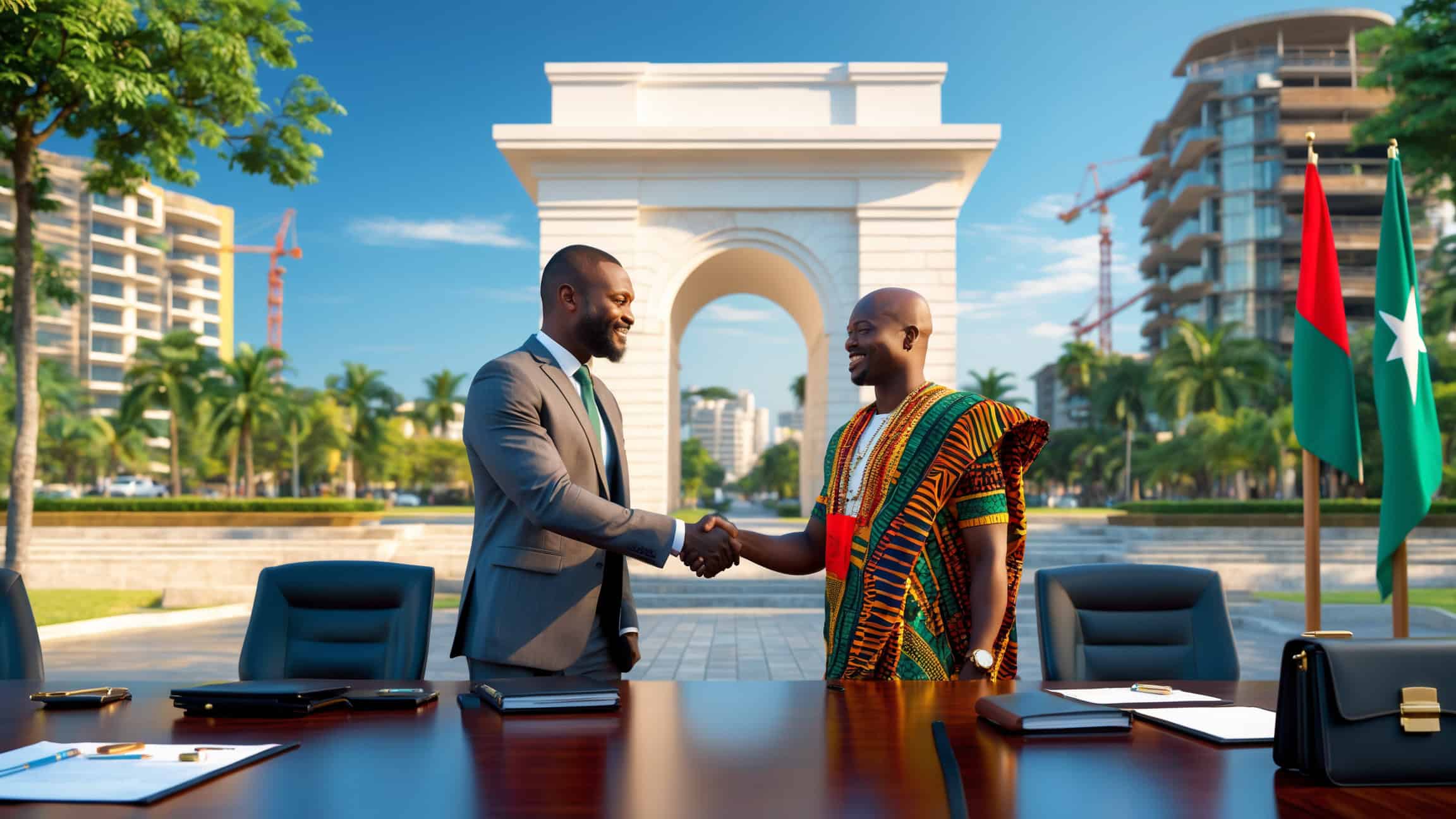 Two men shaking hands in front of a building.
