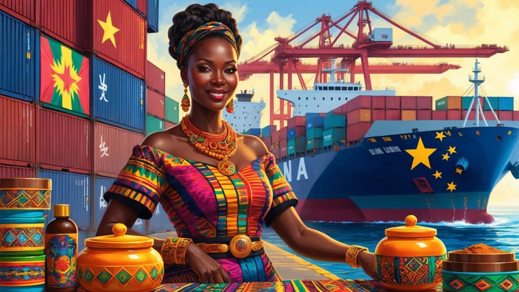A woman in african clothing is standing next to a container ship.
