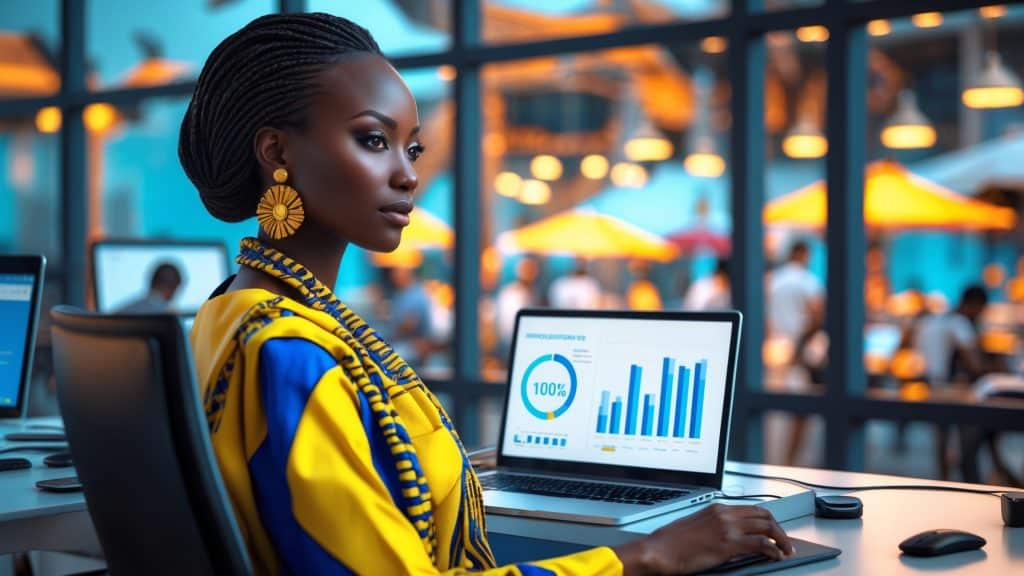 A woman in a colorful outfit is working on her laptop.
