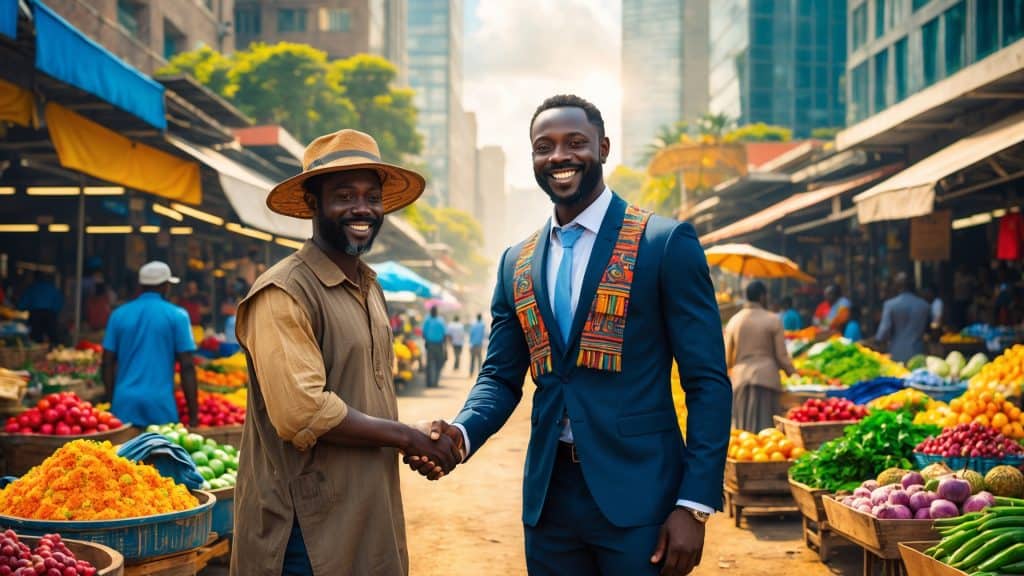 Two men shaking hands in front of a market.