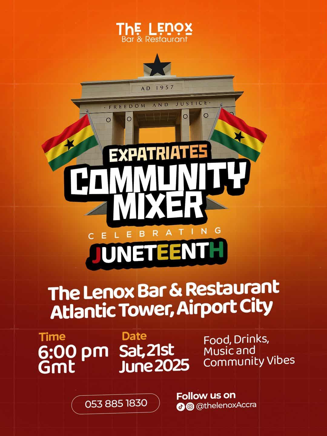 Flyer for Juneteenth Expatriates Community Mixer at The Lenox Bar in Accra on June 21, 2025