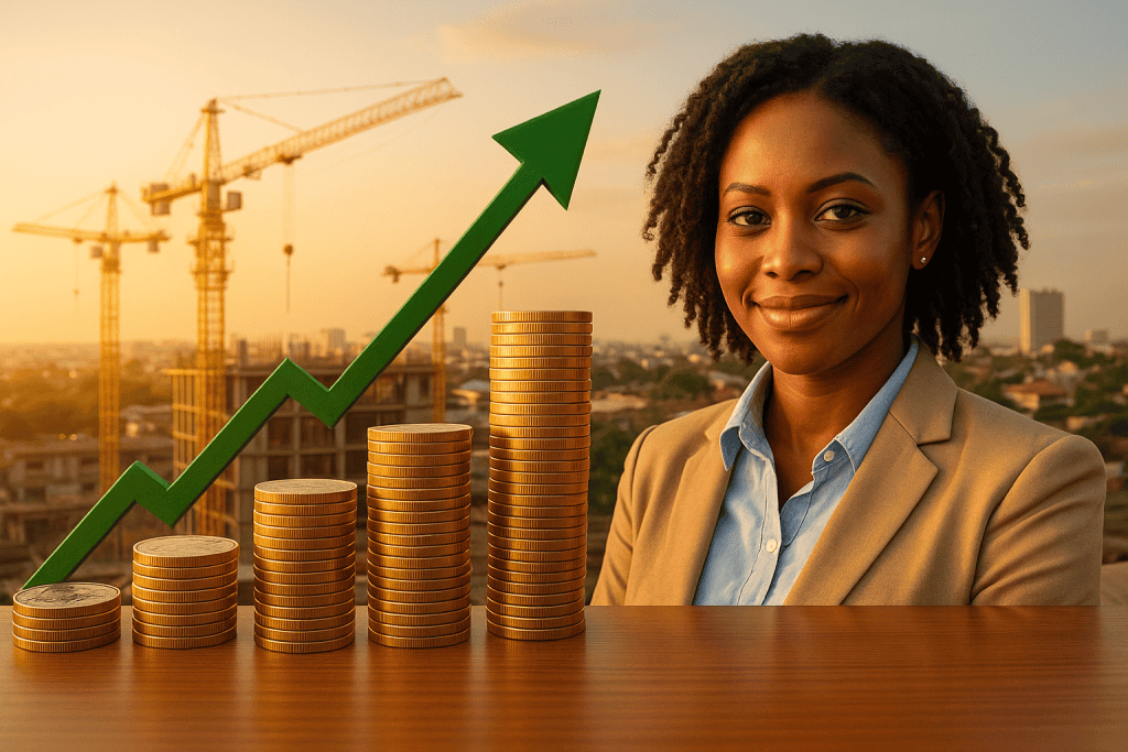 This visual of rising coin stacks and construction highlights the wealth-building opportunity and growth narrative investors need to connect with—without words.