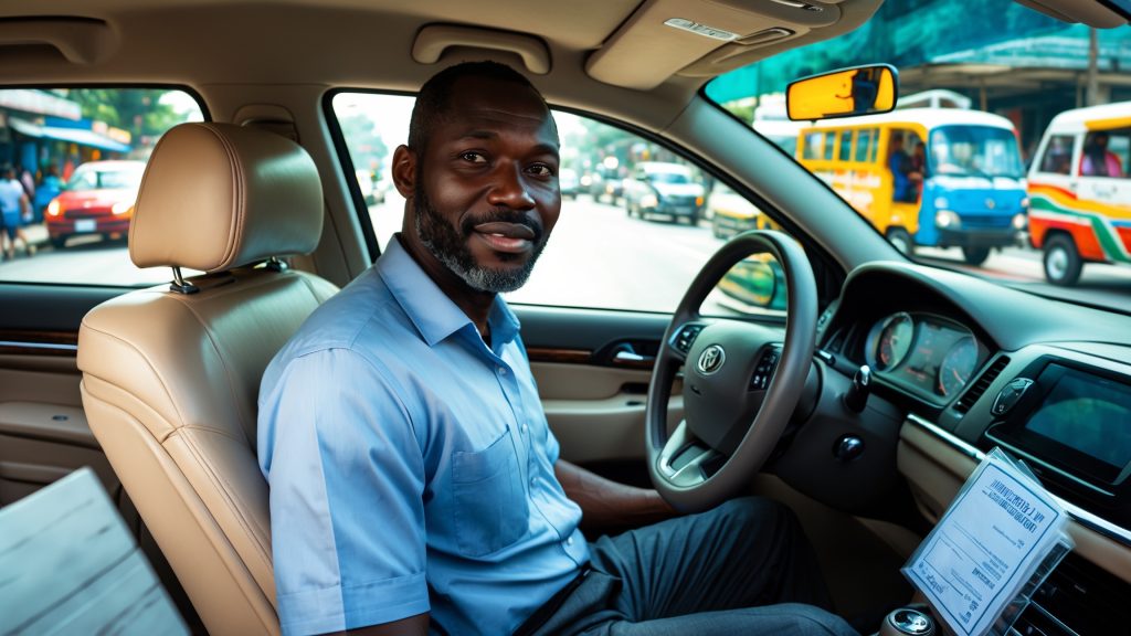 A man sitting in the driver's seat of a car.