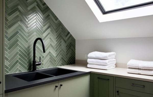 A sleek NZ laundry with a forest green herringbone tile splashback a matte black undermount sink and sage cabinetry—lit by a skylight with a folded towel stack adding a cosy touch. 2