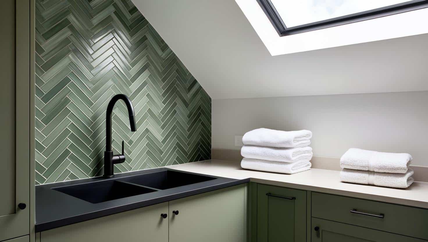 Laundry Design & Renovation Ideas for New Zealand 2025 1 A sleek NZ laundry with a forest green herringbone tile splashback a matte black undermount sink and sage cabinetry—lit by a skylight with a folded towel stack adding a cosy touch. 2