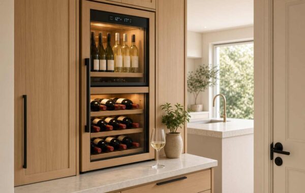 ual-zone wine fridge built into custom oak kitchen cabinetry in an Auckland home, with white wine stored upright and red wine racked horizontally.