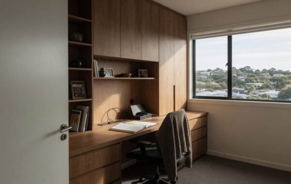 Built-in home office desk with integrated cable management, pop-up power and floor-to-ceiling storage in an Auckland study