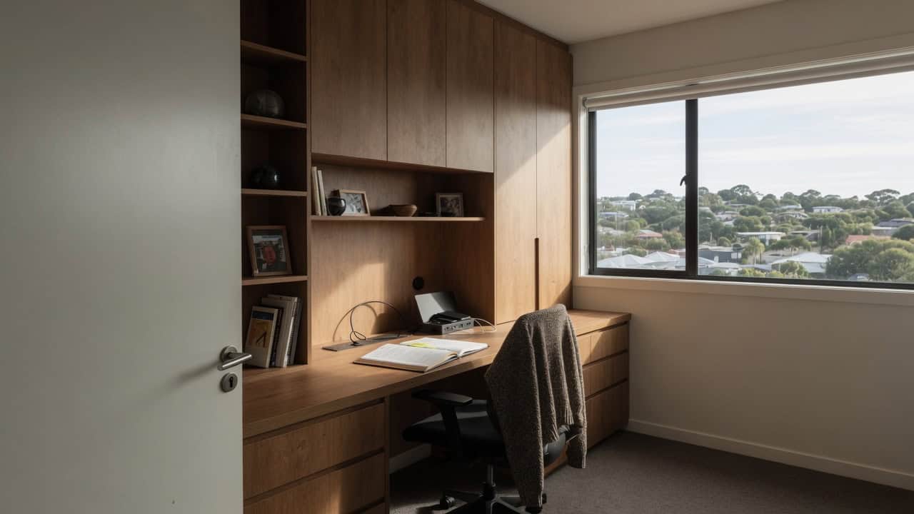 Built-in home office desk with integrated cable management, pop-up power and floor-to-ceiling storage in an Auckland study