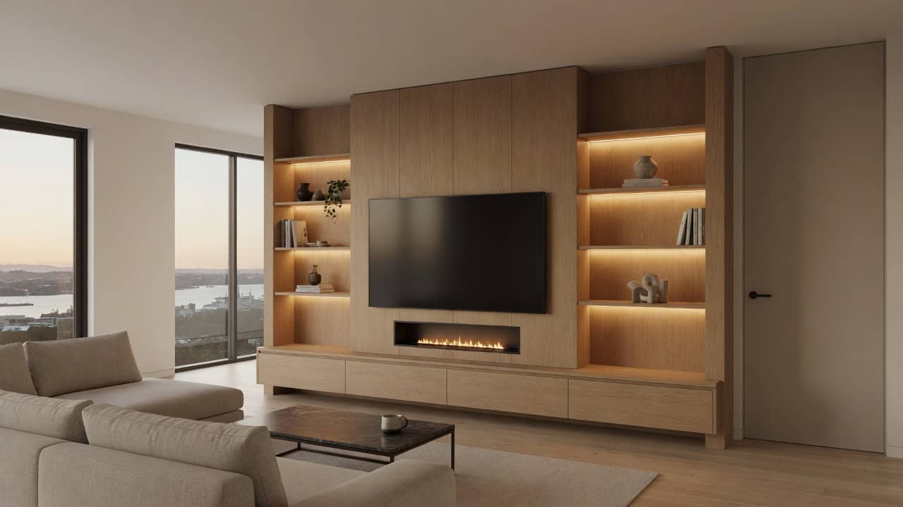 Media Wall Design NZ: The Custom Cabinetry Guide for Auckland Living Rooms 1 media cabinetry design render 2