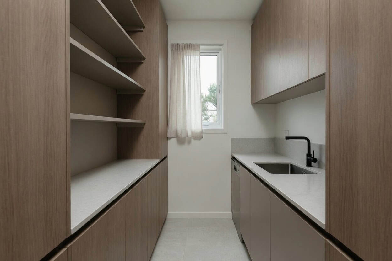 Galley scullery with timber-look cabinetry, open shelving, a pale stone benchtop and a black mixer tap under a window