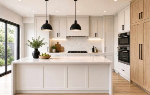 White shaker kitchen with a stone-topped island, black pendant lights, black bar handles and timber-look tall cabinets